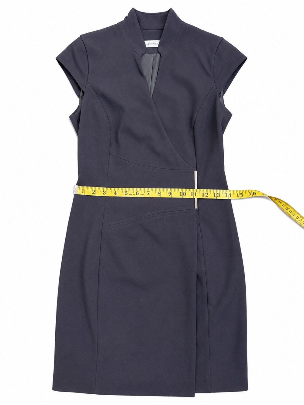 Calvin Klein (Carolyn Bassett) Style Navy Cap-Sleeve Wrap Sheath Dress Size 2 - Picture 4 of 7